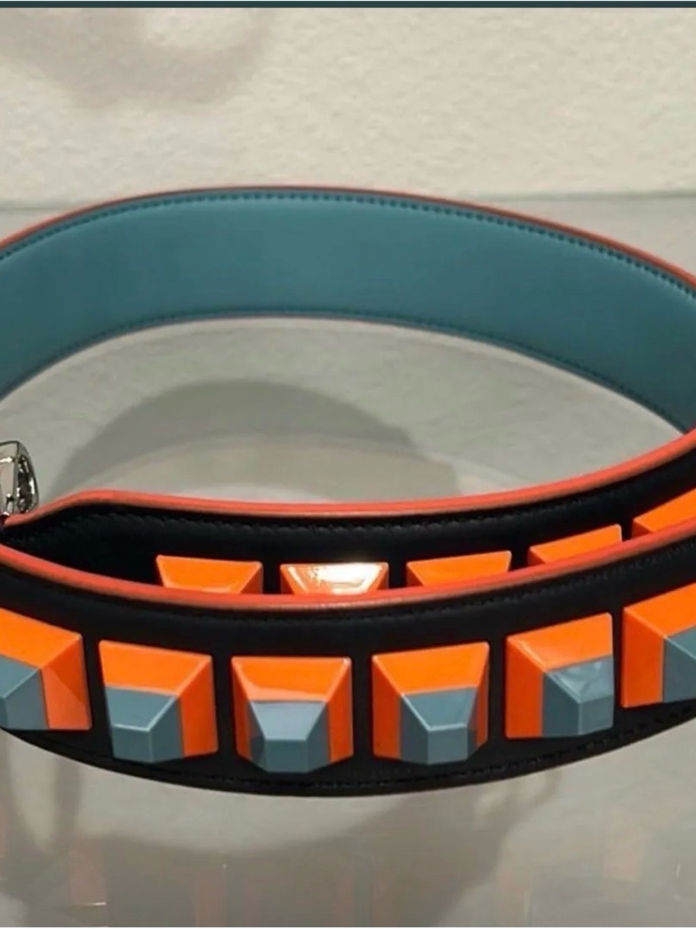 Fendi Black Leather Strap with Orange and Light Blue Pyramid Studs